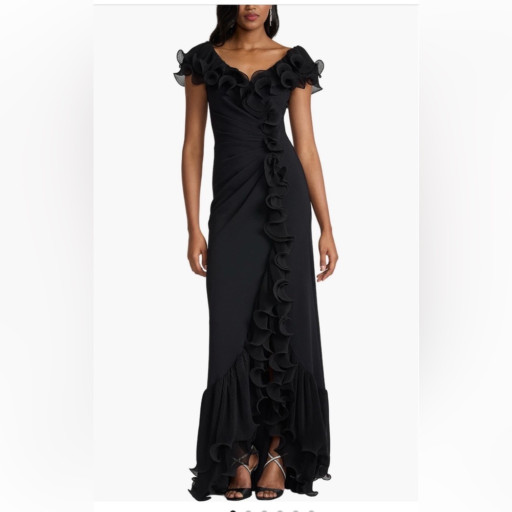 Tadashi Shoji Pleated Ruffle Gown